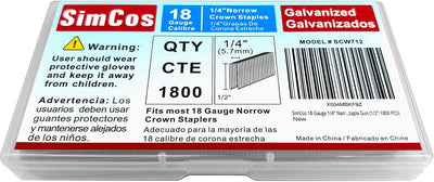 Grapas corona estrecha 1/4 pulg galvanizadas 18 GA 1800 pzas
