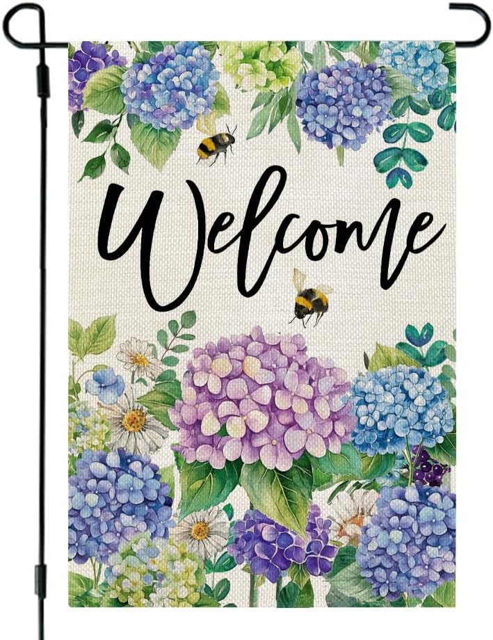 Bandera primavera jardín hortensias 12x18pulg arpillera