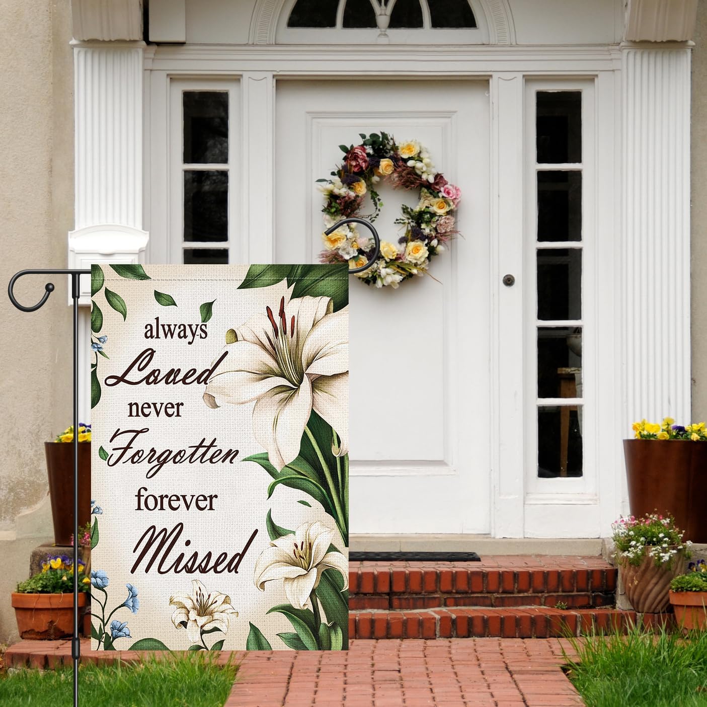 Bandera jardín doble cara 12x18" texto floral cementerio