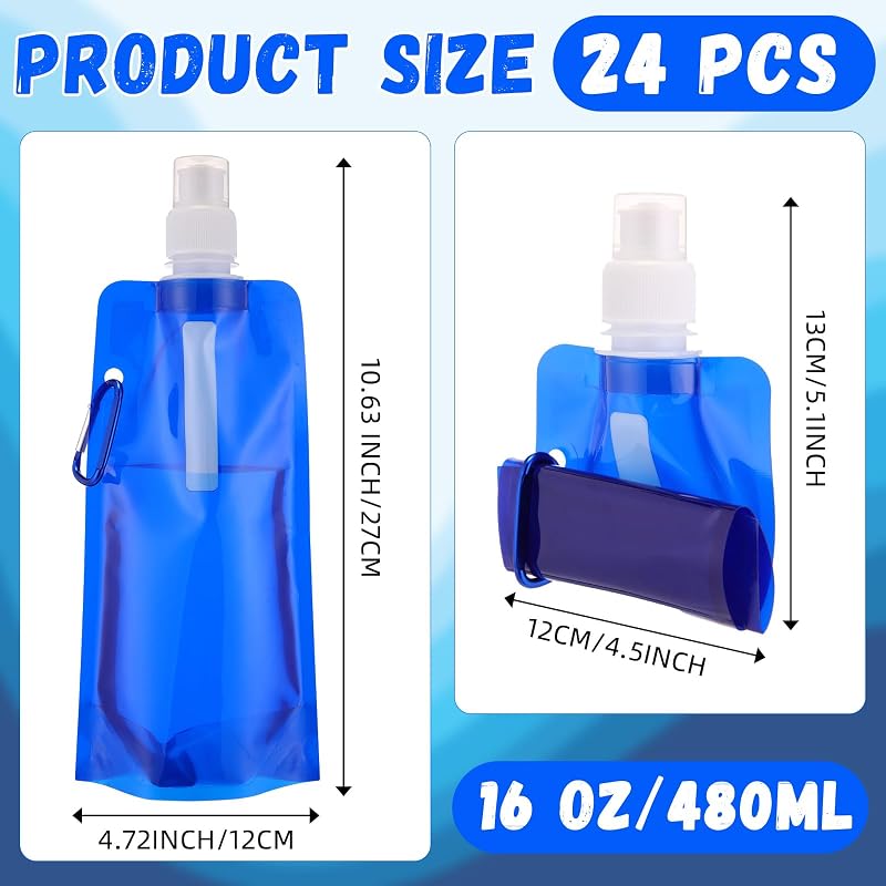 24 Botellas Agua Plegables 16oz Mosquetón Reutilizables Azul