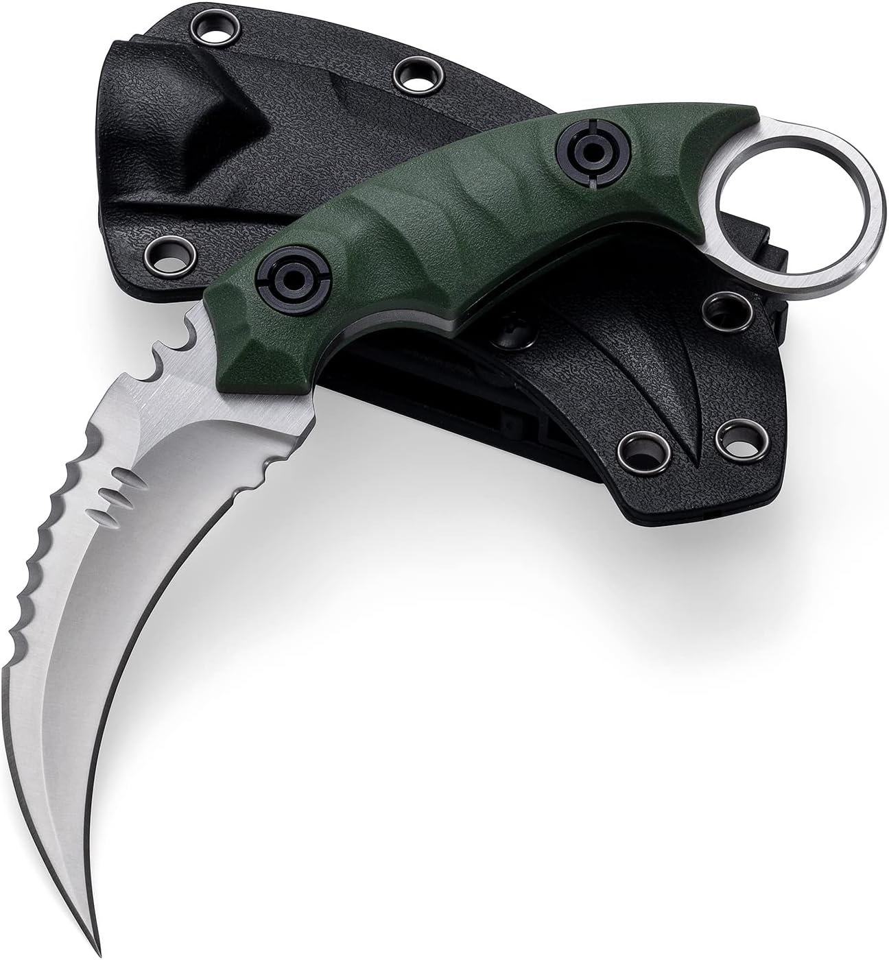 Cuchillo táctico EDC hoja D2 mango G10 funda Kydex verde