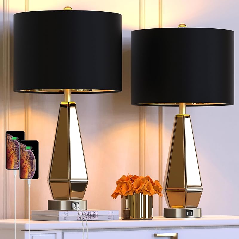 2 Lámparas Mesa Noche Vidrio Espejado USB Ámbar Tela Negra