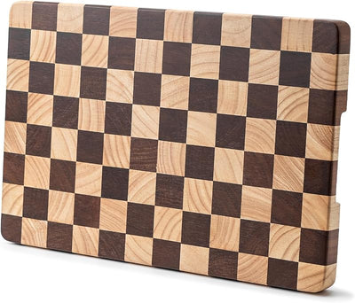 Tabla cortar madera patrón ajedrez asas laterales