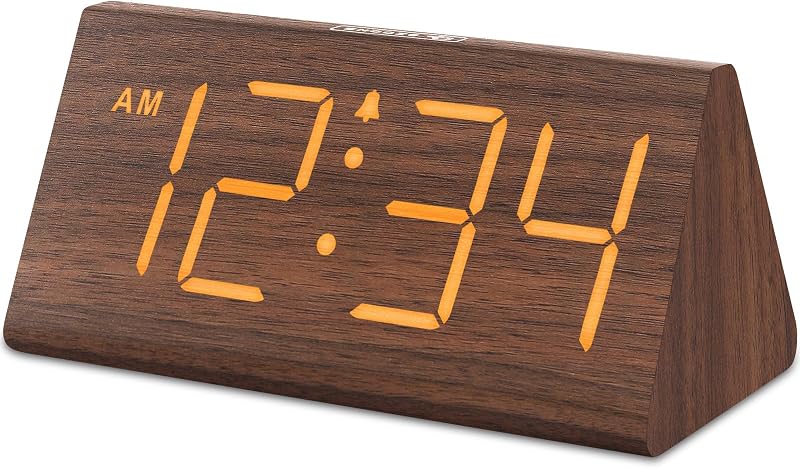 Reloj despertador madera con números grandes USB para dormitorio