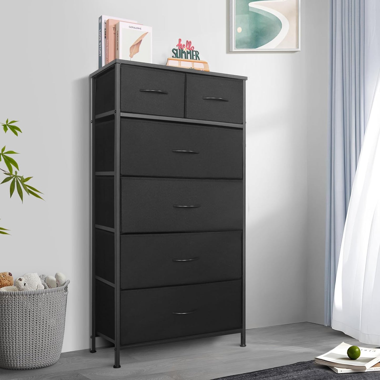 Cómoda alta dormitorio con 7 cajones y contenedores tela