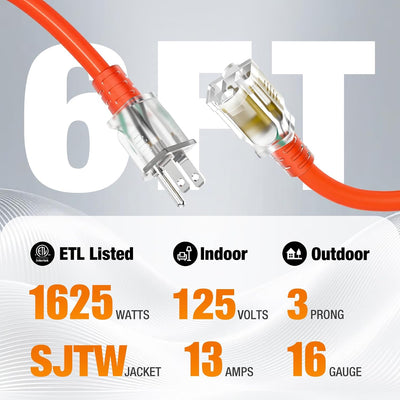 Cable extensión 6ft al aire libre 16/3 SJTW 13A con indicador luz