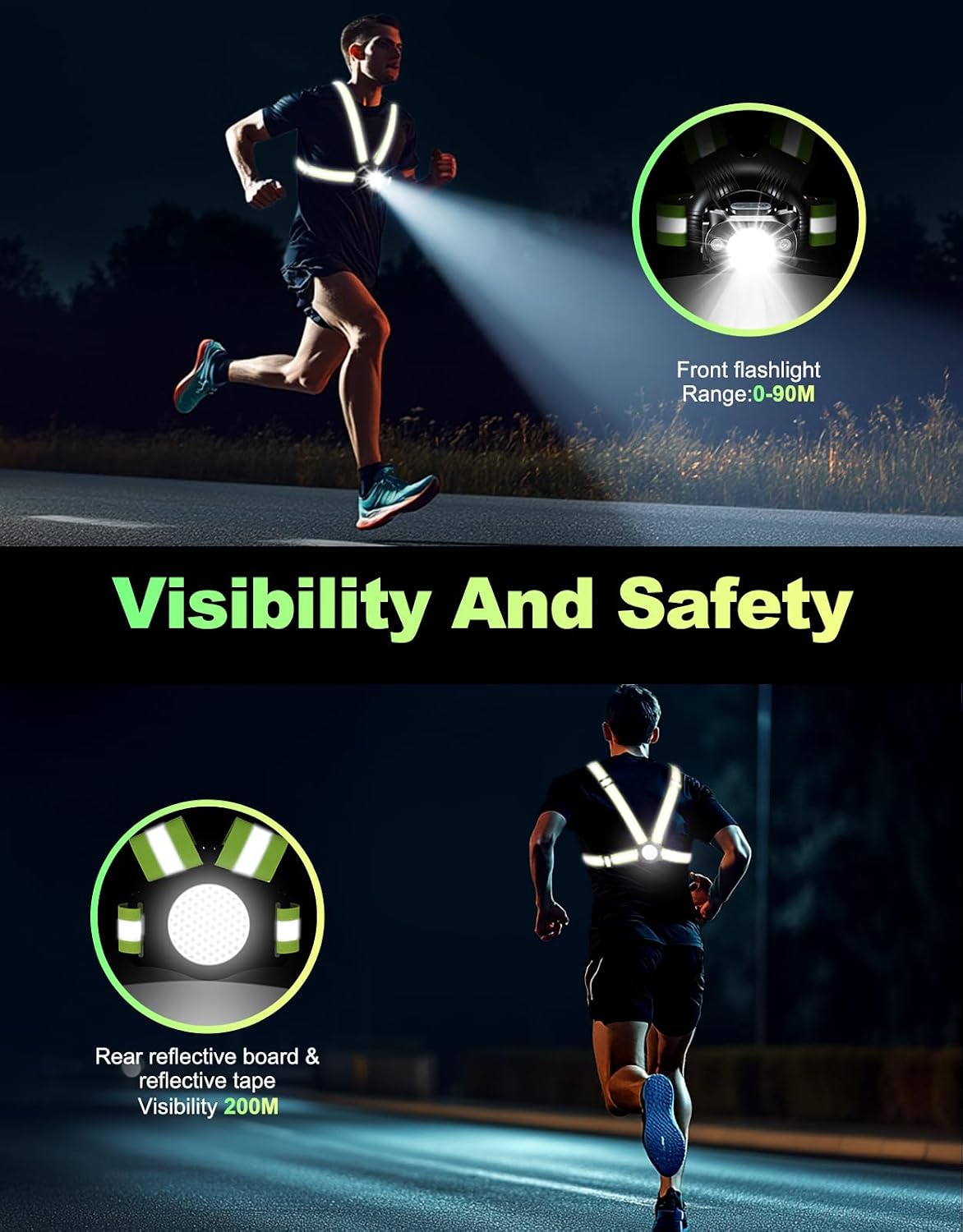 Luz para correr 500 lúmenes ajustable con chaleco reflectante
