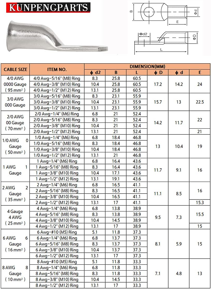 12 Terminales Anillo 4 AWG 5/16pulg Tubos Termorretráctiles
