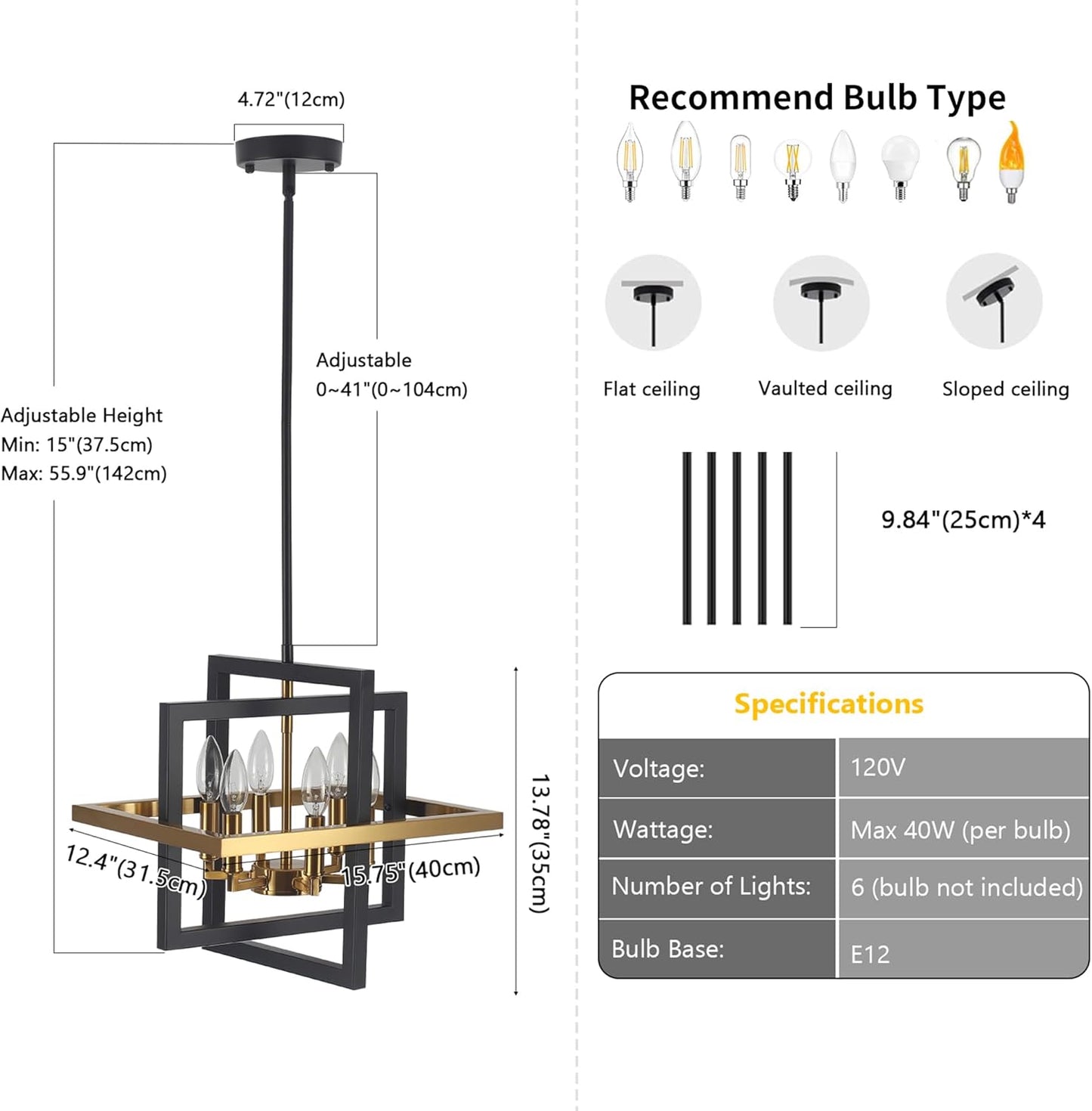 Candelabro 6 luces geométricas negro y dorado industrial