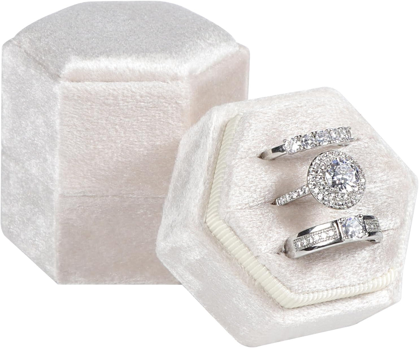 Caja terciopelo anillos compromiso hexagonal