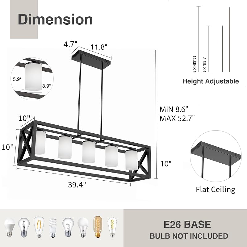 Lámpara comedor 5 Pzas soporte vidrio blanco metal ajustable
