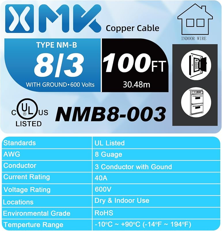 Cable NM-B 8/3 con tierra 100 ft cobre 8 AWG