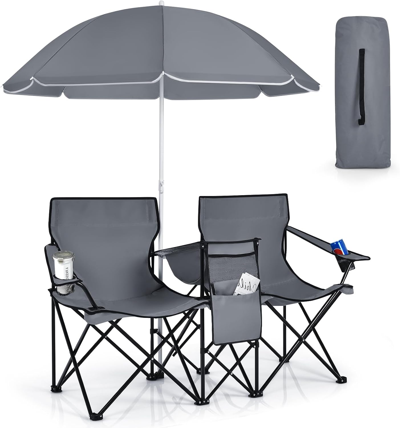 Silla campamento doble plegable con paraguas y portavasos