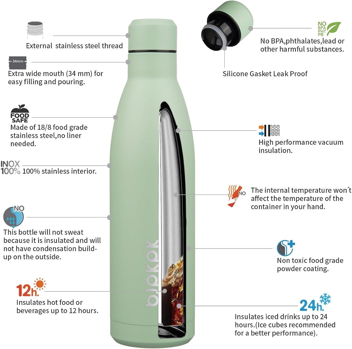 Botella agua acero inox doble pared 770ml verde