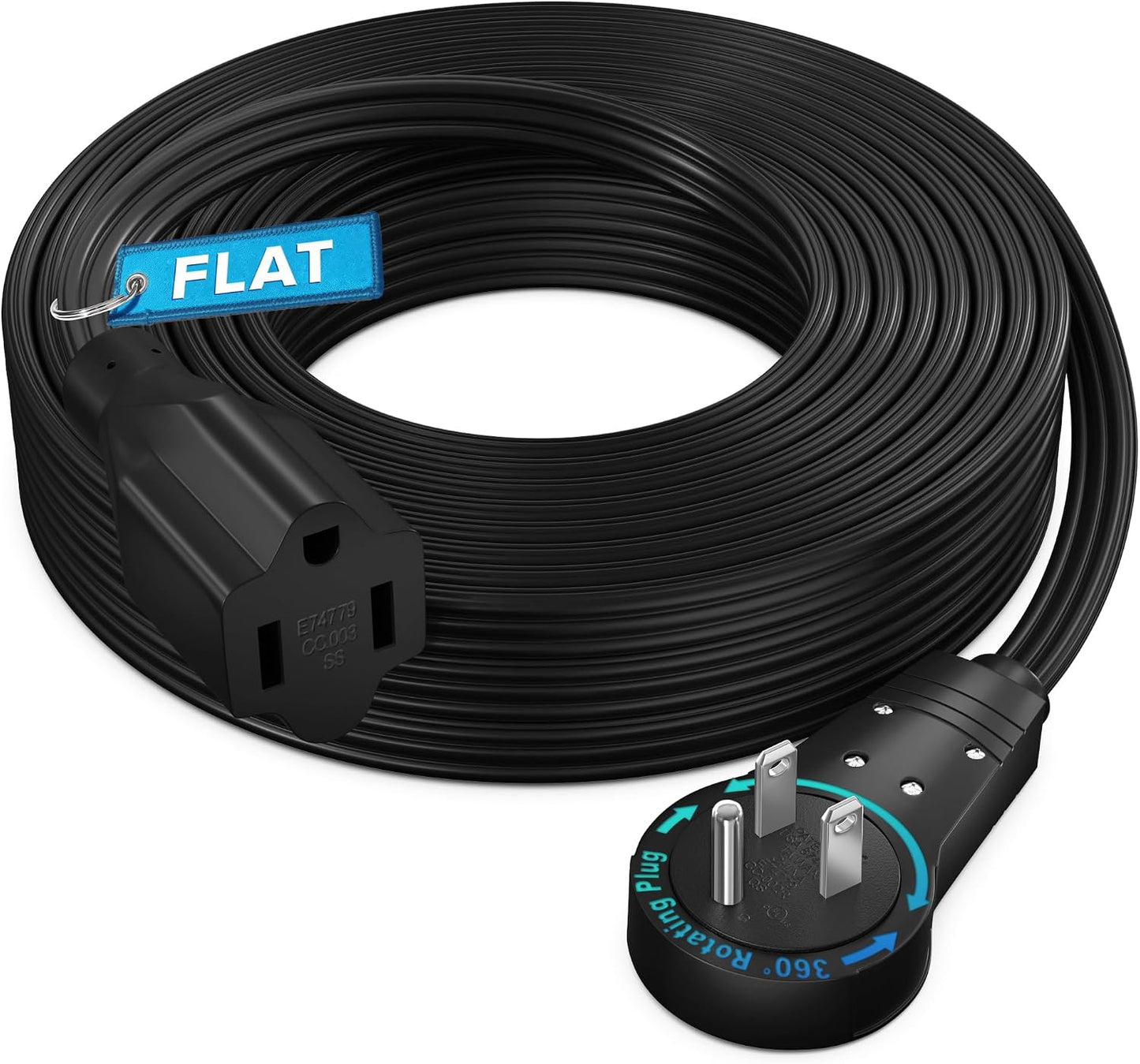 Cable extensión enchufe plano giratorio 360° 50ft negro