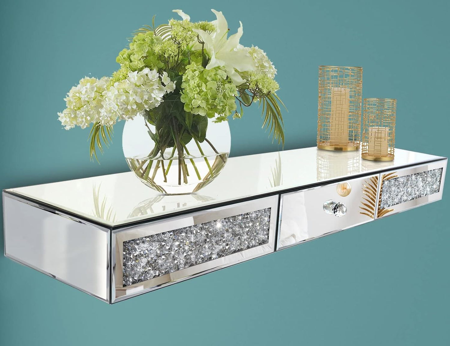 Estante flotante con espejo diamantes cristal cajón 31.5"