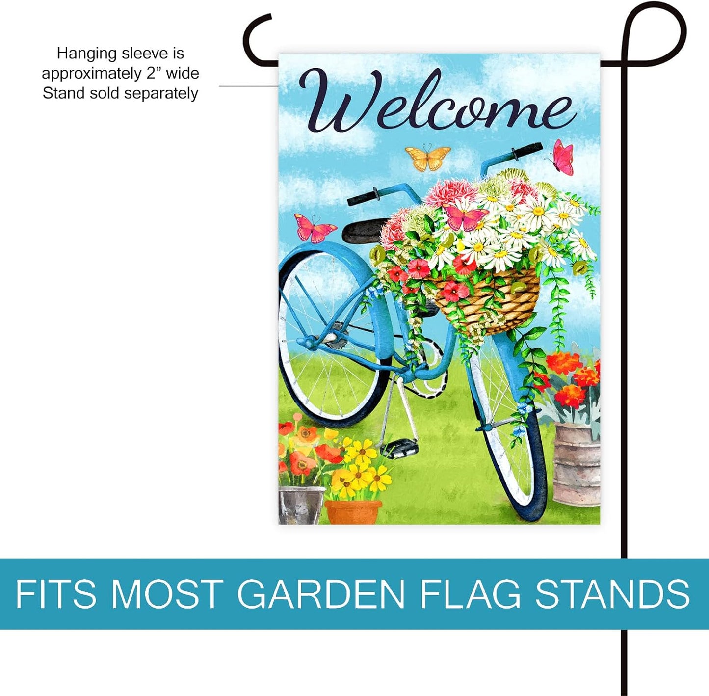 Bandera bienvenida azul bicicleta flores mariposa 12x18pulg