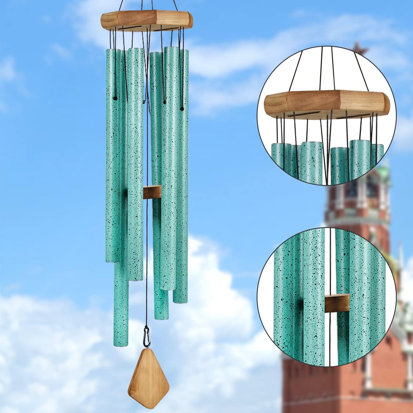 Campanillas viento grandes tono profundo turquesa jardín