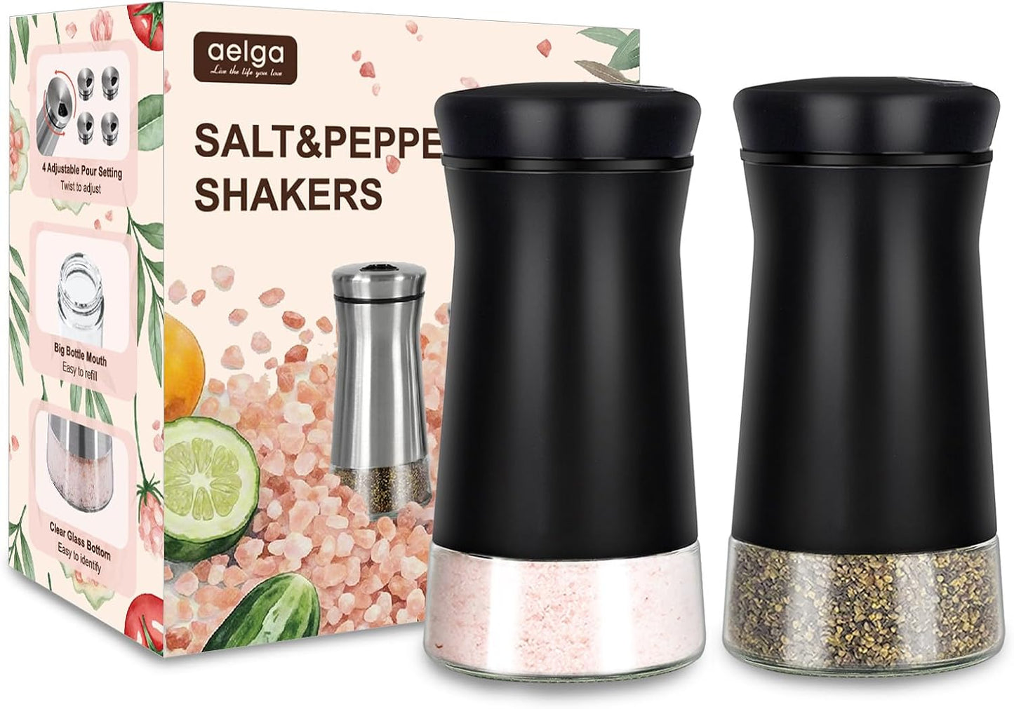 Salero pimentero negro vidrio tapas acero inox coctelera
