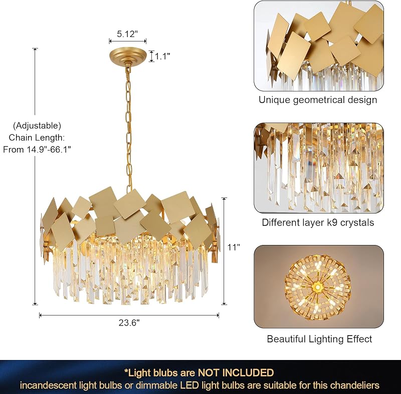Candelabro cristal moderno dorado 24pulg 9 luces comedor