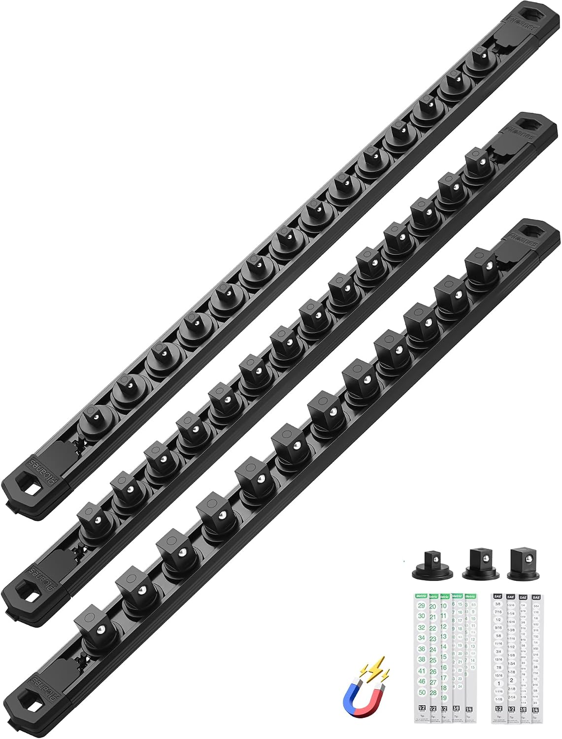 Set 3 organizadores enchufes magnéticos aluminio 1/2 3/8 1/4 con 40 clips