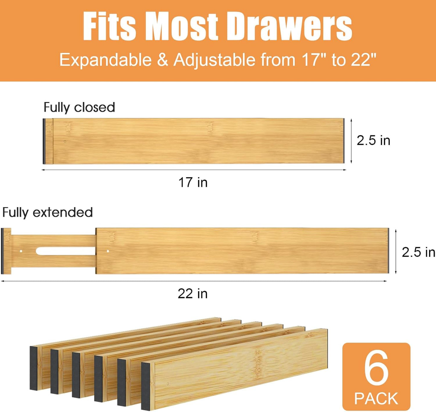 Organiz. cajones bambú ajustable 17-22" set 6