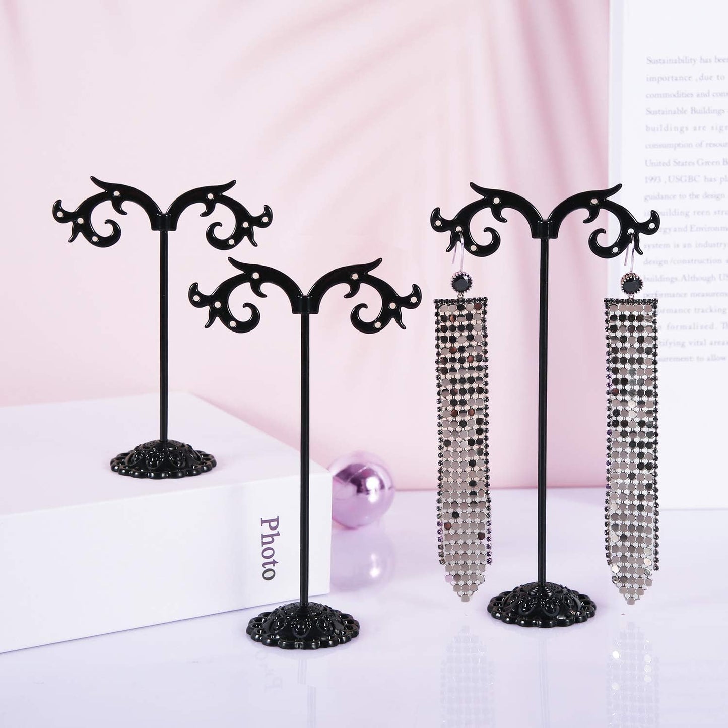 Soporte pendientes negro metal desmontable 3 pzas forma