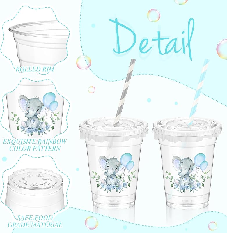 50 Pzas Vasos Plástico Baby Shower 12oz con Tapas Pajitas