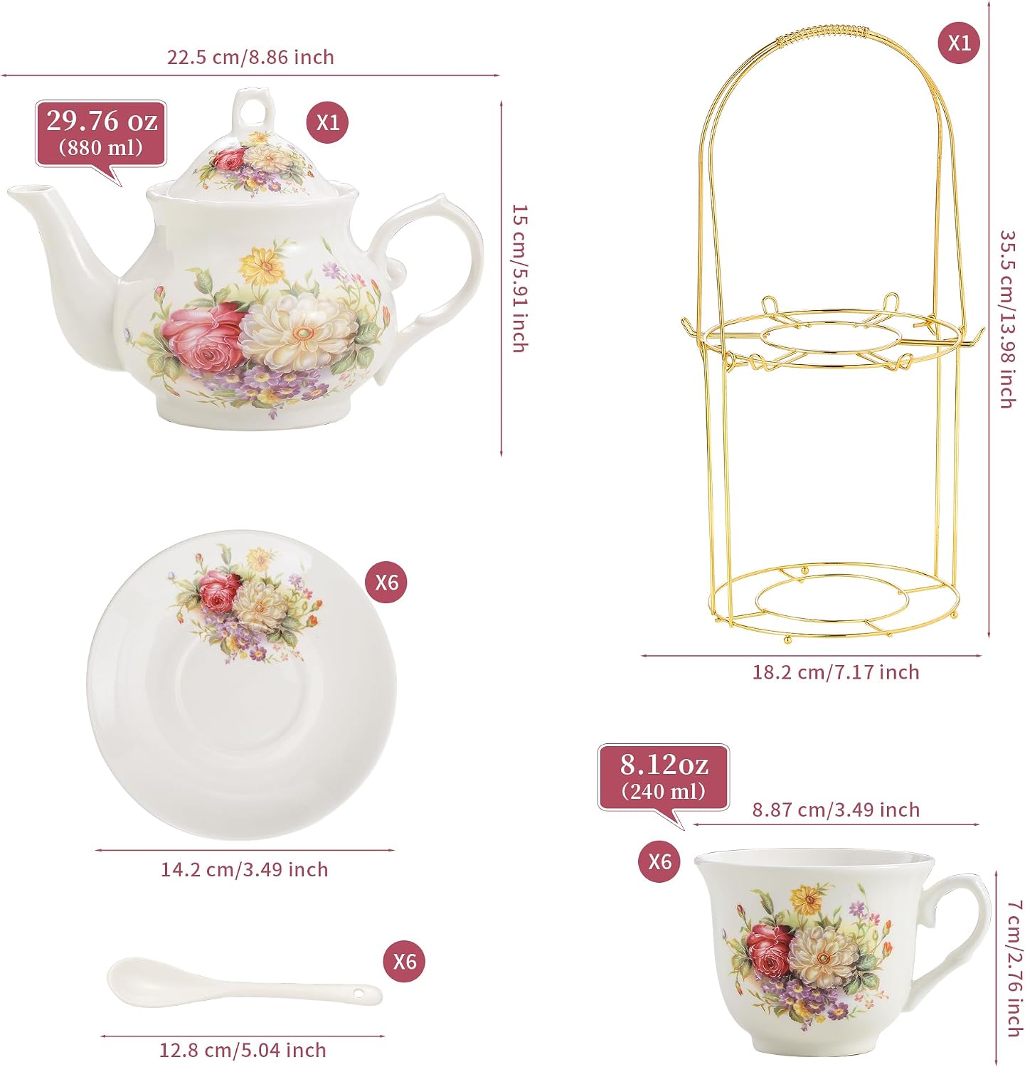 Set té porcelana 20 pzas estante dorado