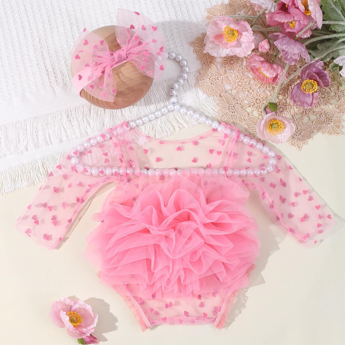 Traje de encaje para recién nacida con diadema