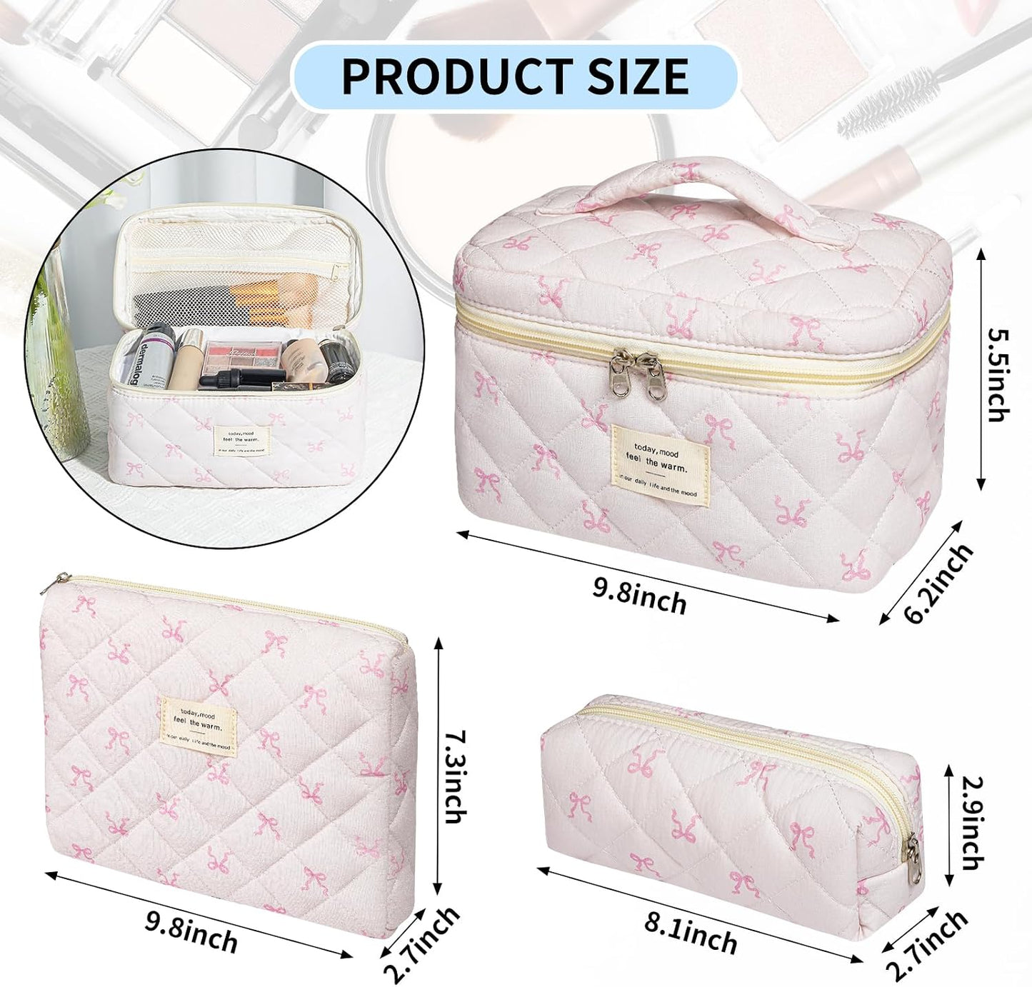 Bolsa maquillaje floral set 3 acolchadas algodón coquette