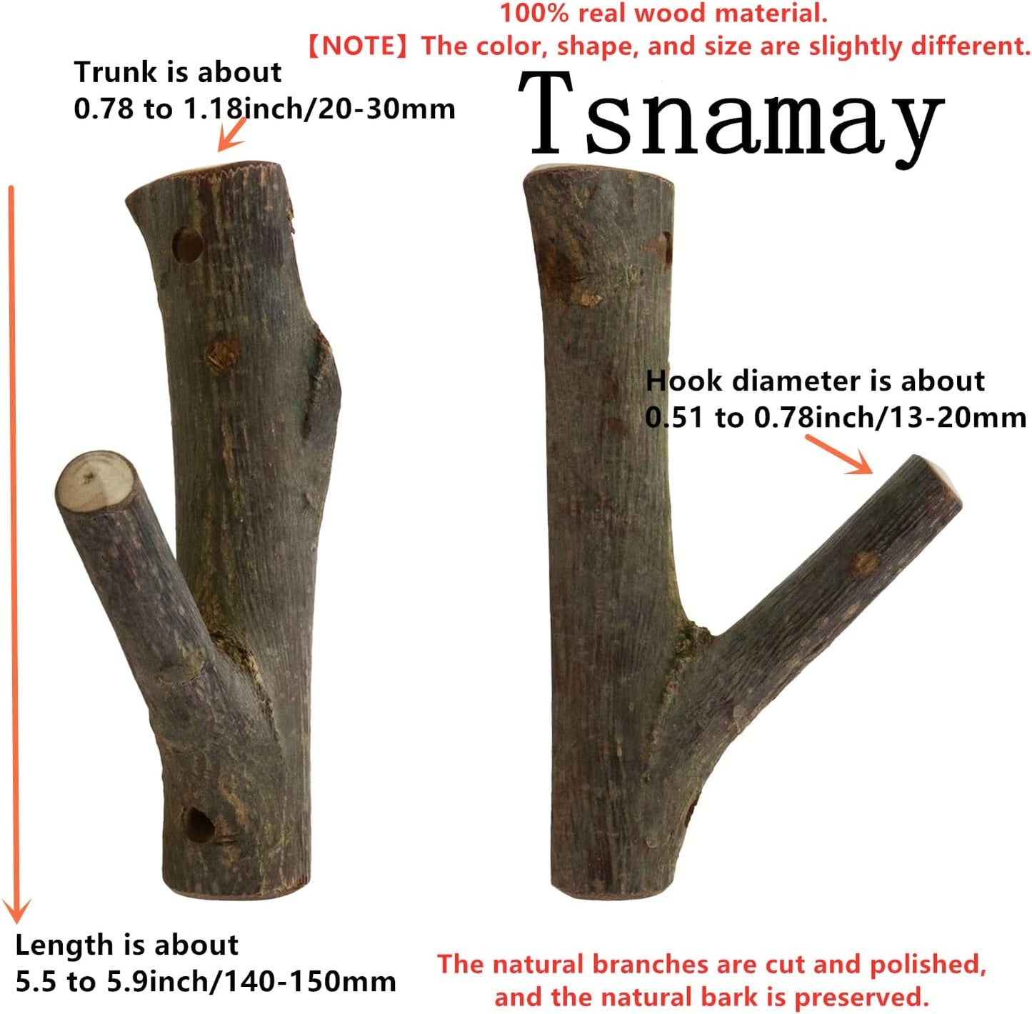 4 Ganchos Madera Rústica con Tronco 0.8-1.2"