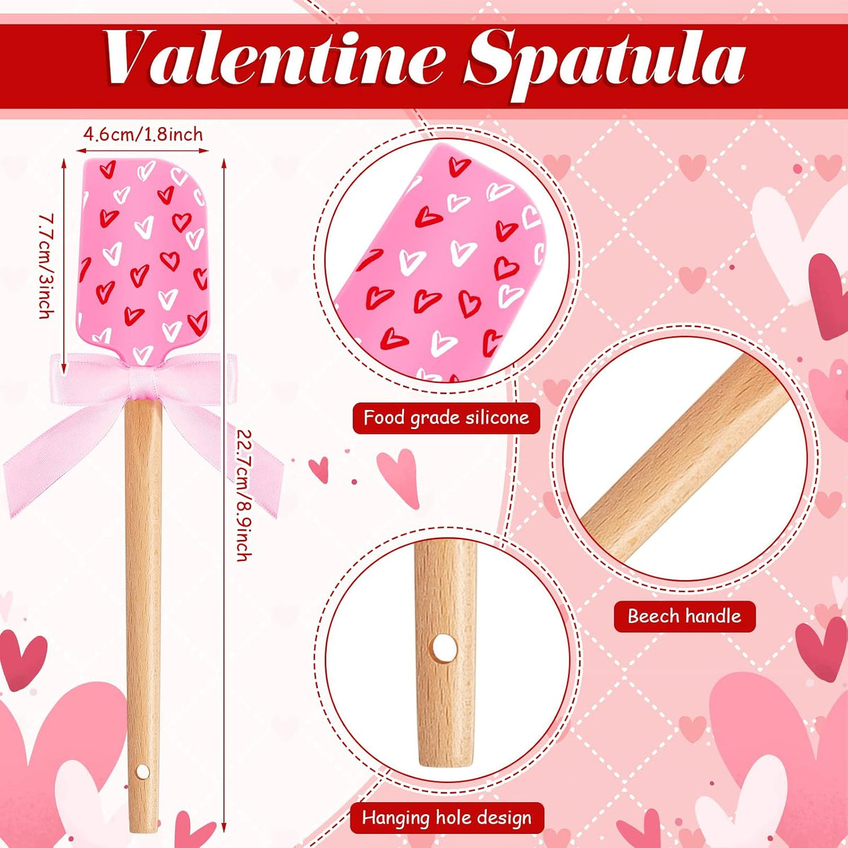 3 Espátulas Silicona San Valentín con Asas Madera y Laços Rosa
