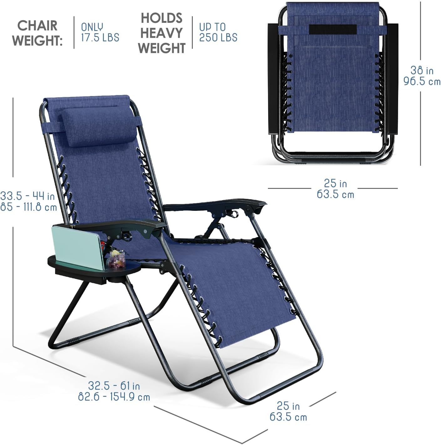 Silla Zero Gravity plegable con almohadas y bandeja malla