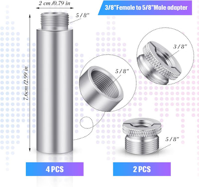 4 Pzas Tubo Extensión Micrófono Aluminio 5/8pulg Plata