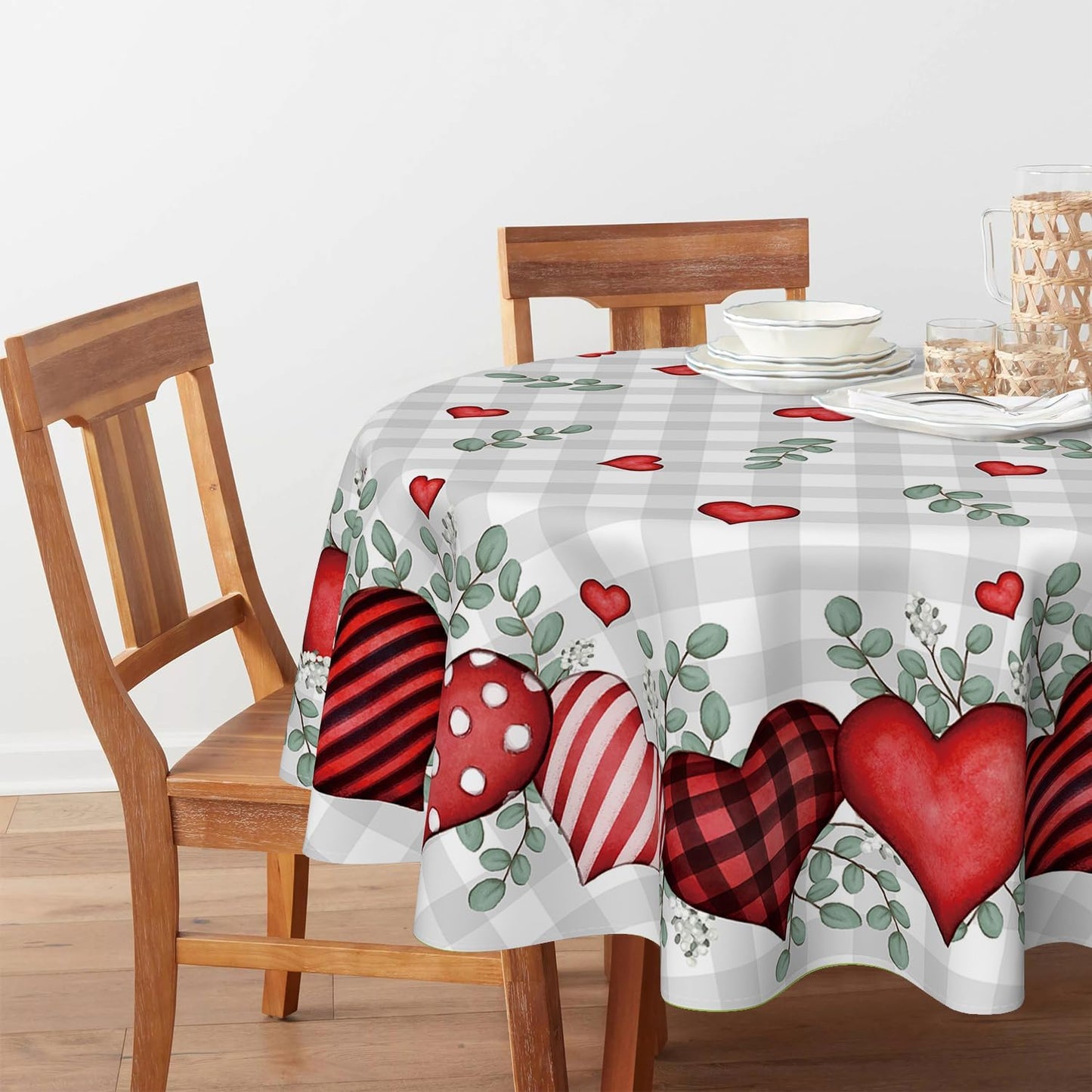 Mantel redondo San Valentín 70x70pulg corazones rojos lavable