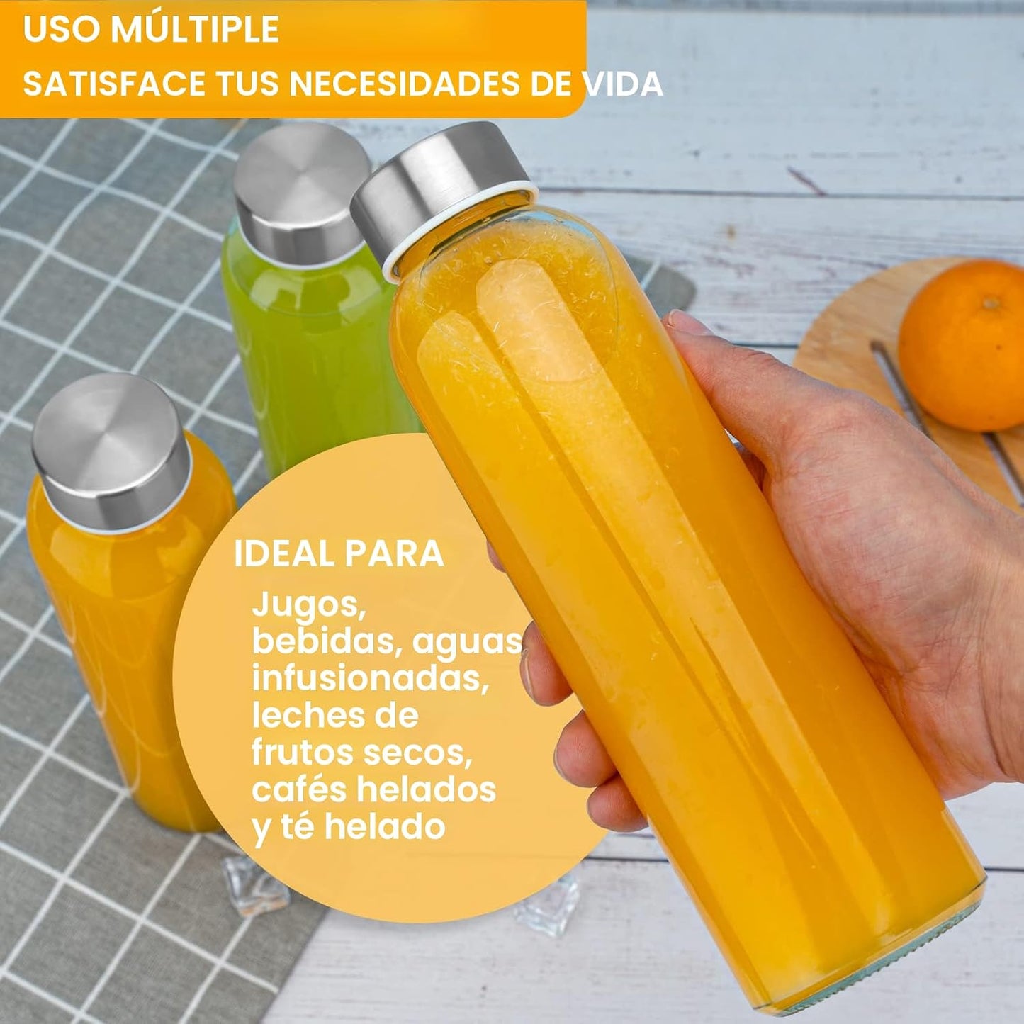 12 Botellas Vidrio 18oz con Tapas Reutiliz.