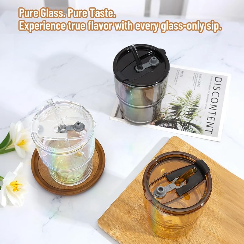 Taza vidrio 13oz con pajita tapa reutiliz. a prueba de fugas