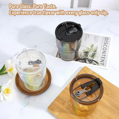 Taza vidrio 13oz con pajita tapa reutiliz. a prueba de fugas