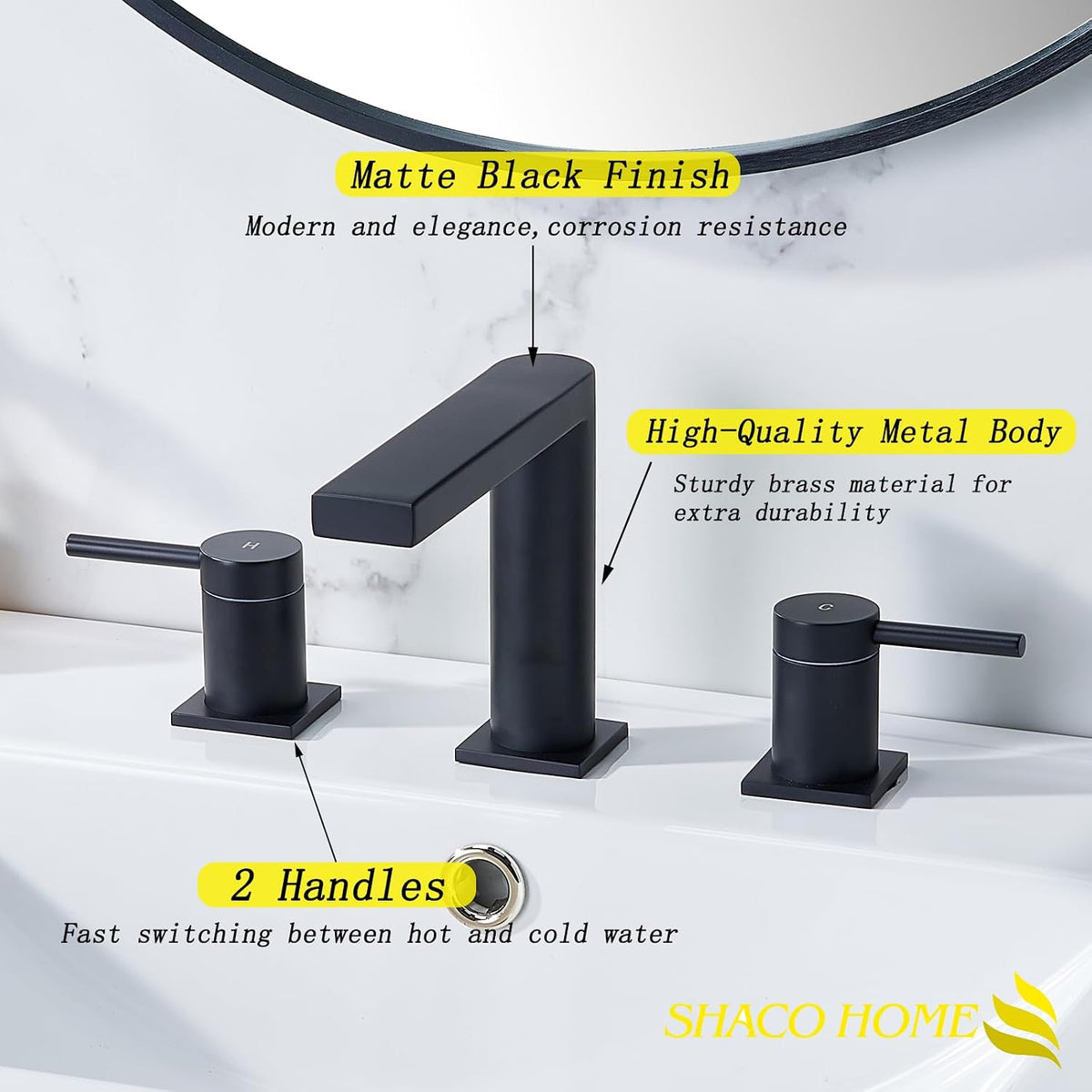 Grifo baño negro mate 8pulg dos asas 3 agujeros