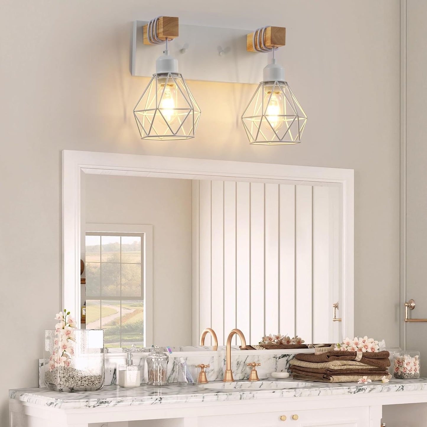 2 Luces Tocador Estilo Granja Madera Blanca Apliques