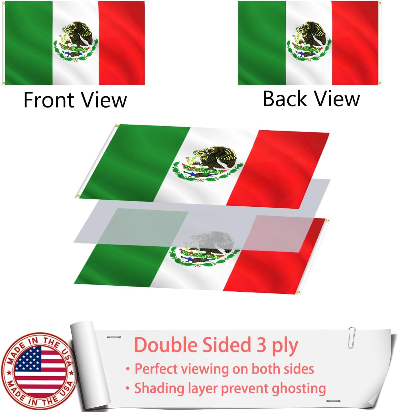 Bandera México 5x8 doble cara resistente con ojales latón