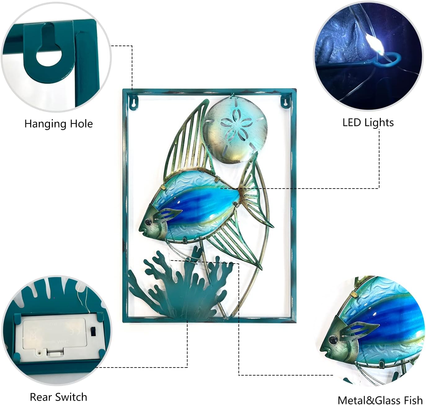 Decoración pared peces metal luces LED hadas para jardín