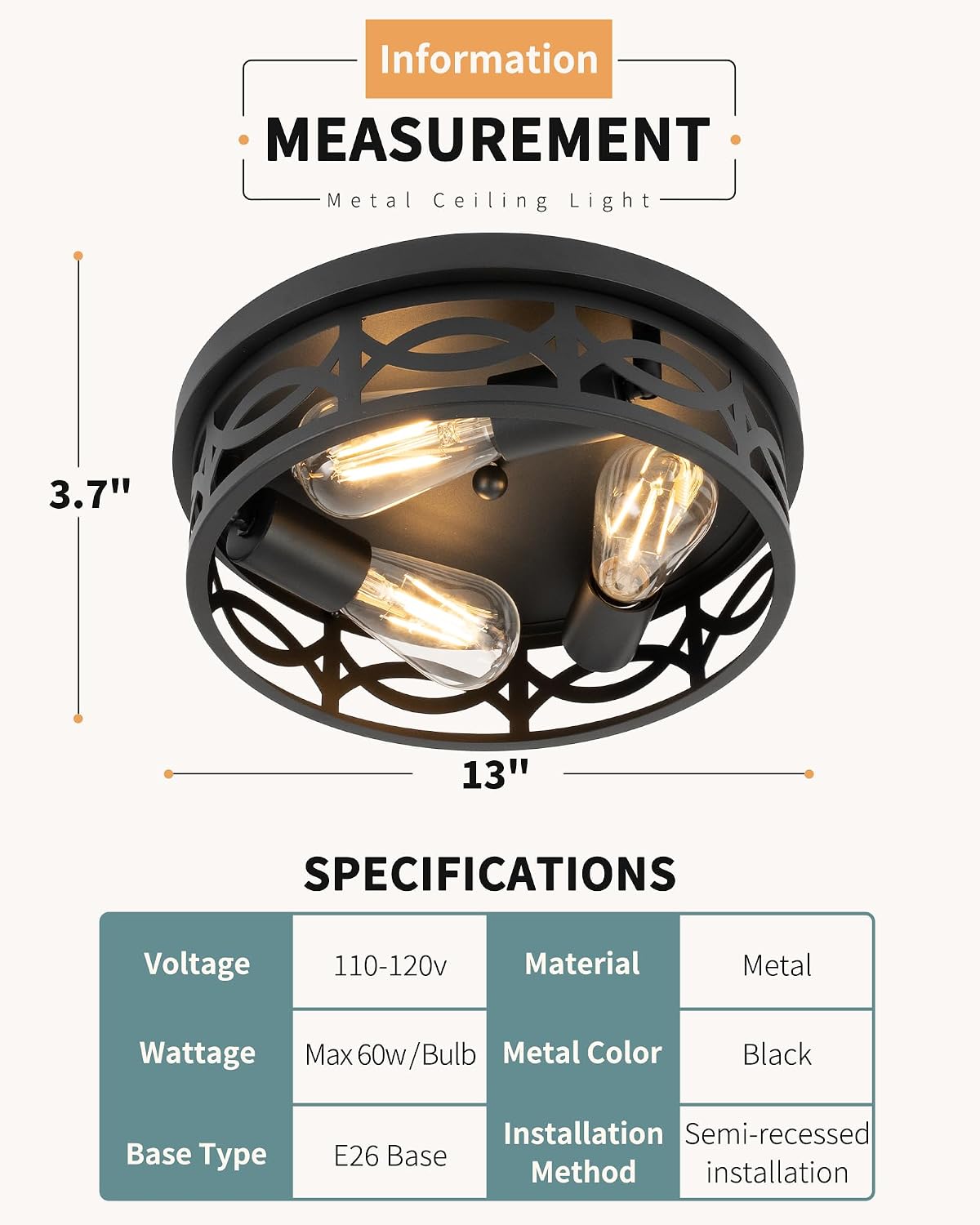 Lámpara techo negra 13pulg 3 luces moderna para pasillo cocina