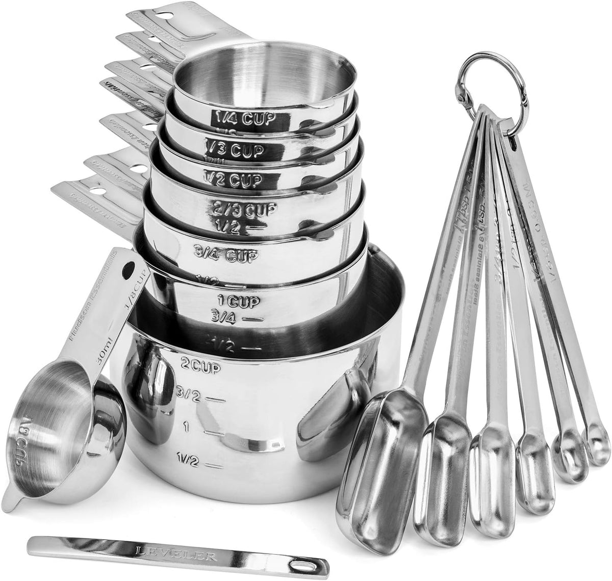 Set 15 Pzas Tazas y Cucharas Medidoras Acero Inox