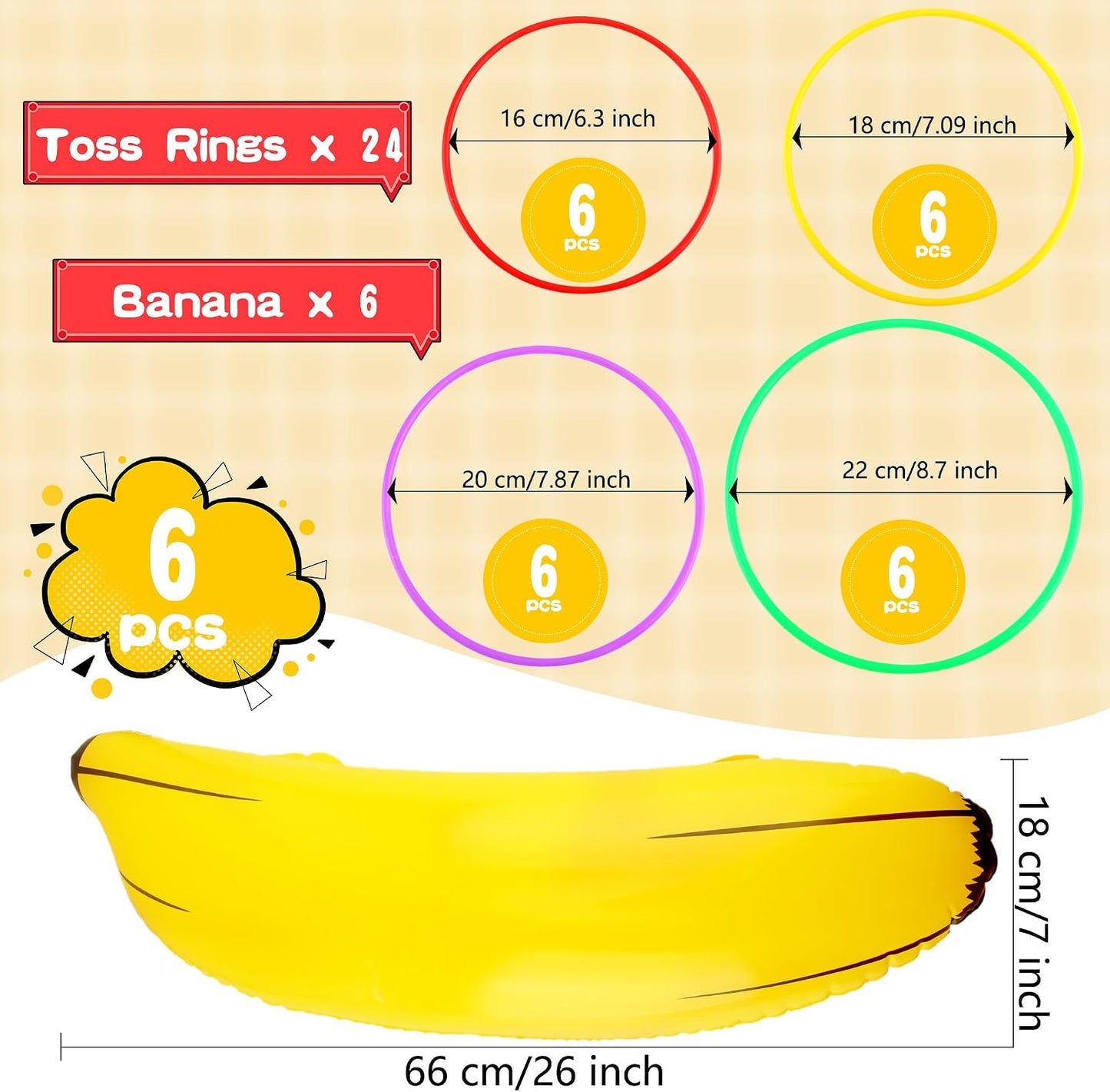6 Anillos Inflables Plátano 24 Pzas Plástico Juego Fiesta