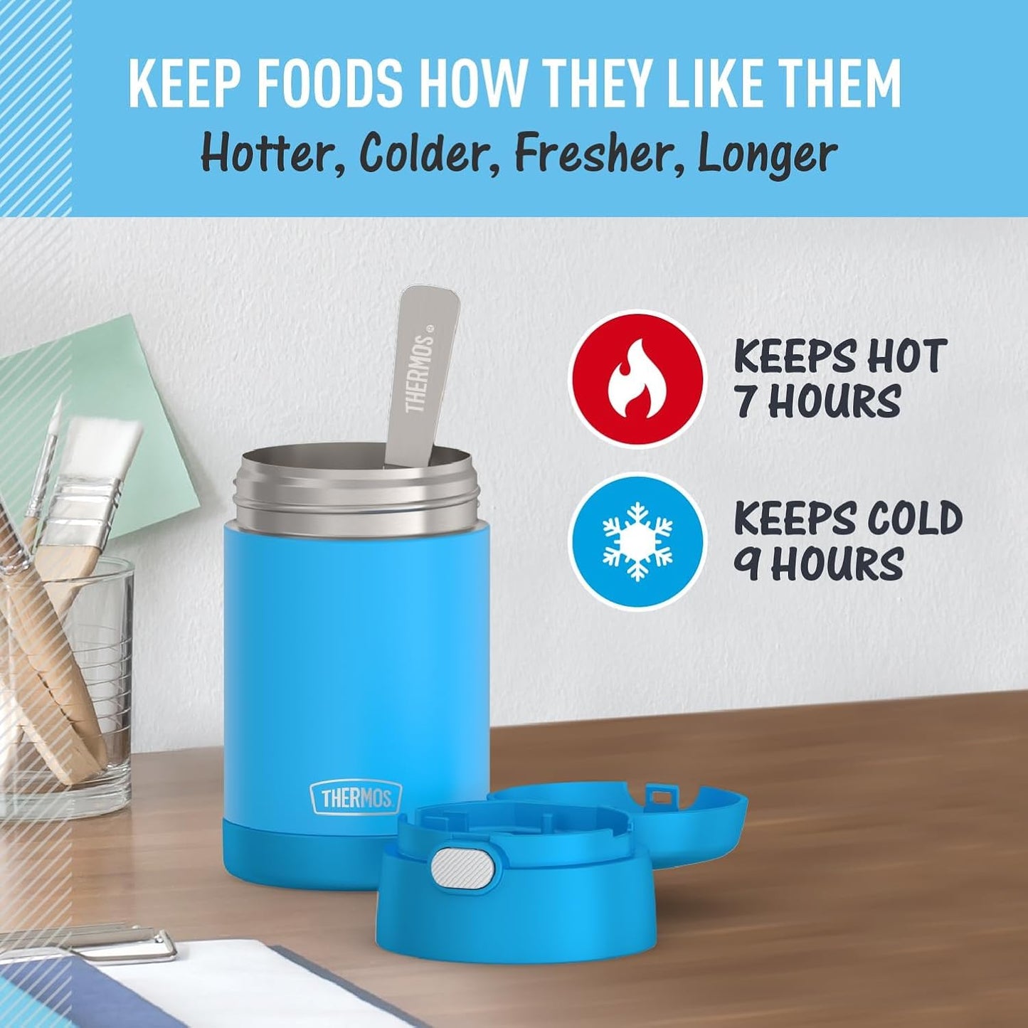 Tarro alimento acero inox 16oz con cuchara plegable azul
