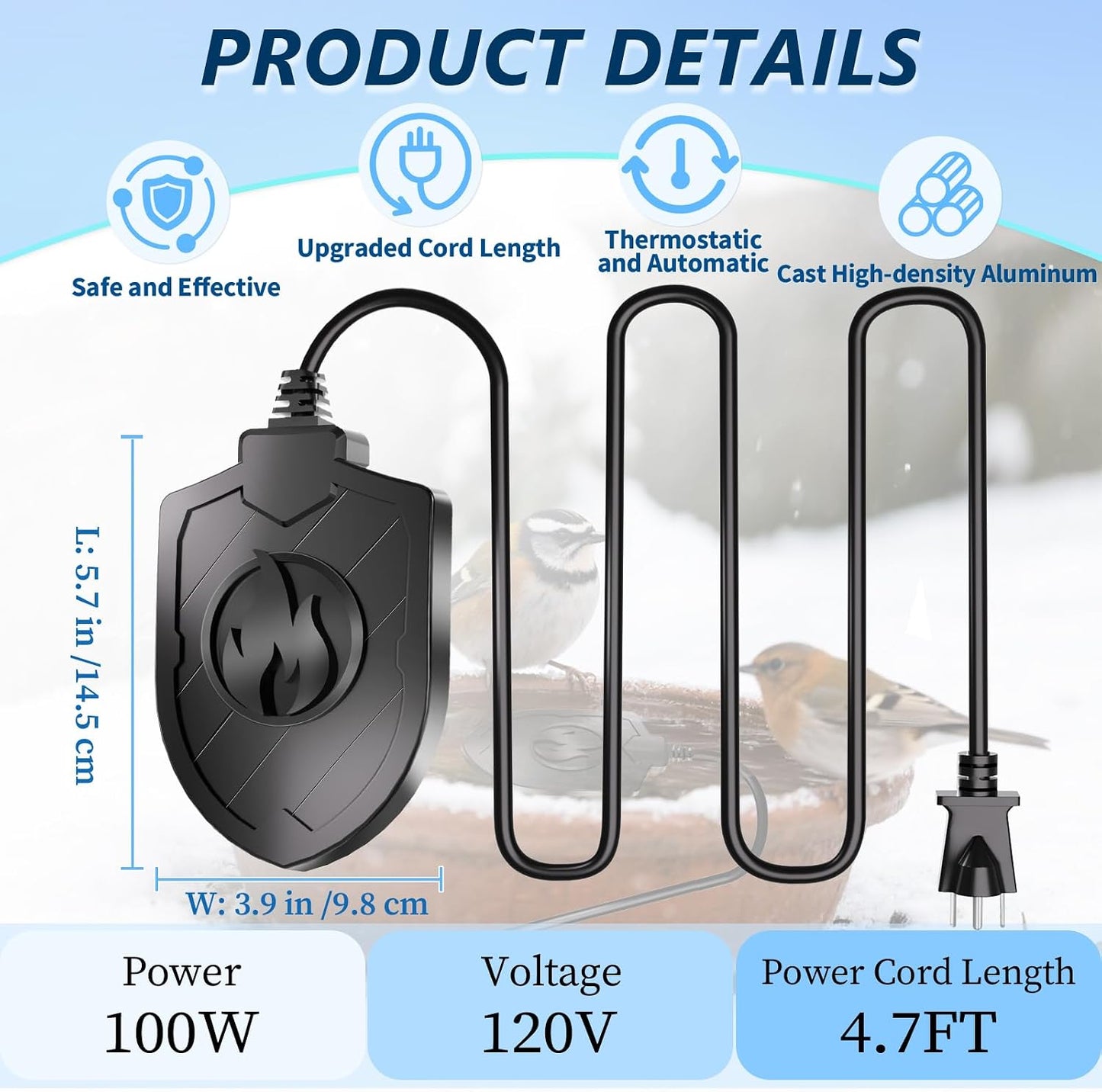 Calentador baño pájaros 100w aluminio sumergible invierno