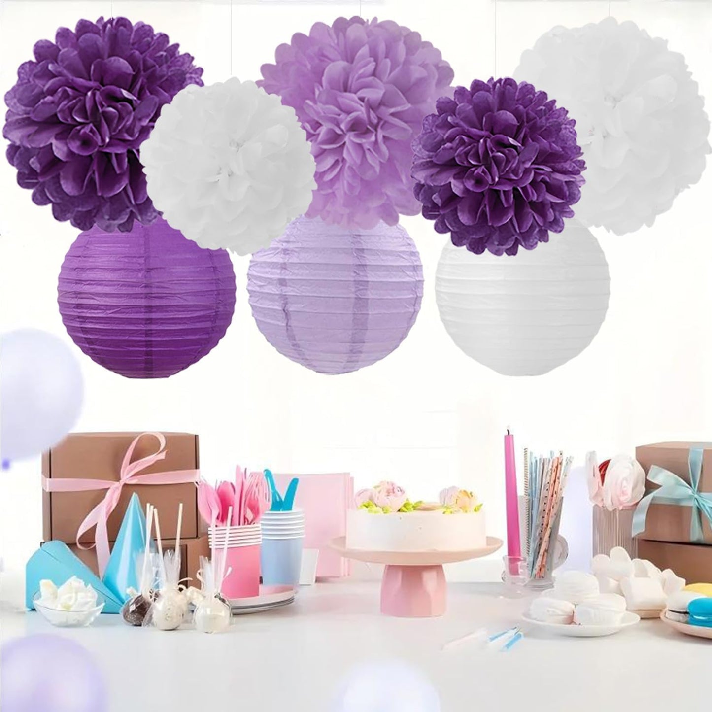Faroles papel colgantes morado y blanco pompones 15uds fiesta