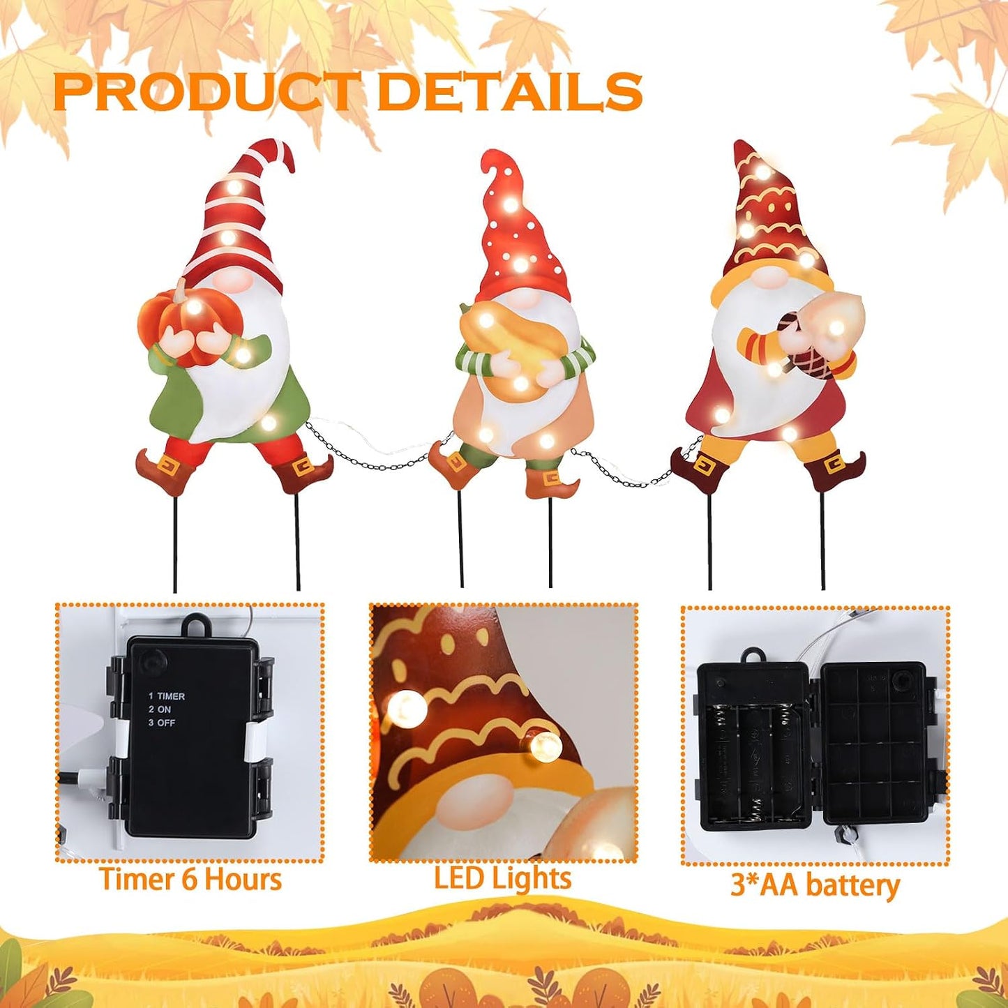 3 Pzas Letrero Metal Gnomos Luces LED Jardín Otoño